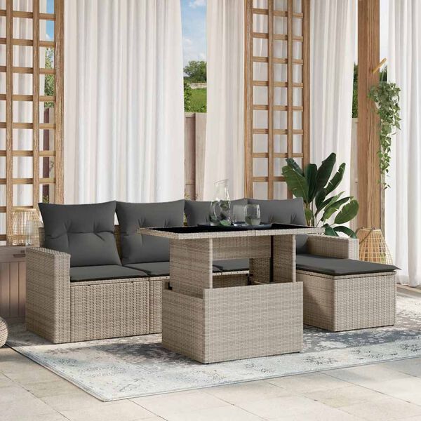 vidaXL 6-tlg. Garten-Sofagarnitur mit Kissen Hellgrau Poly Rattan