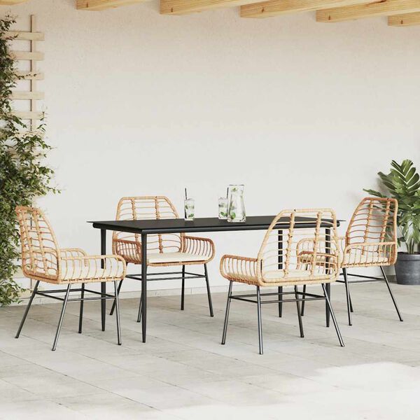 vidaXL 5-tlg. Garten-Essgruppe mit Kissen Braun Poly Rattan Glas
