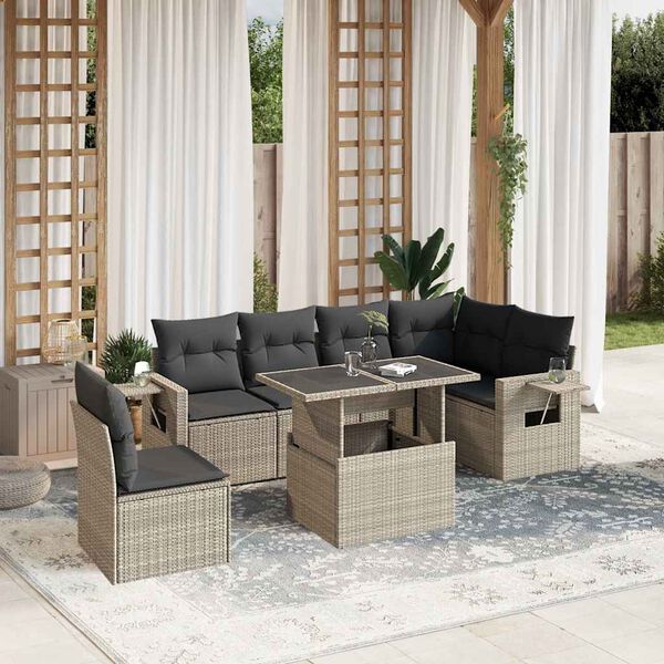 vidaXL 7-tlg. Garten-Sofagarnitur mit Kissen Hellgrau Poly Rattan