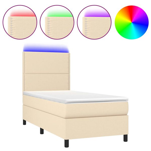vidaXL Boxspringbett mit Matratze & LED Creme 90x190 cm Stoff