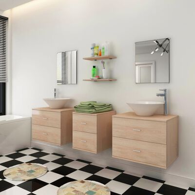 vidaXL 9-tlg. Badmöbel-Set Beige mit Waschbecken und Wasserhahn