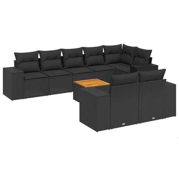 vidaXL 9-tlg. Garten-Sofagarnitur mit Kissen Schwarz Poly Rattan