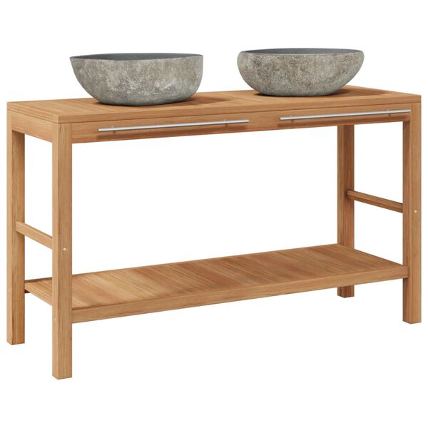 vidaXL Waschtischunterschrank Teak Massiv mit Flussstein Waschbecken