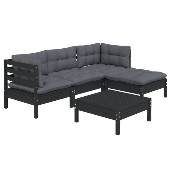 vidaXL 5-tlg. Garten-Lounge-Set mit Kissen Schwarz Kiefernholz