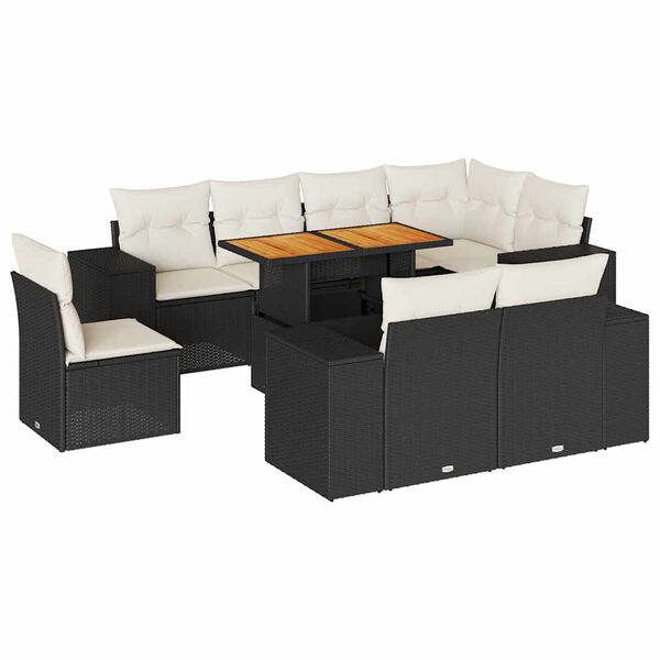 vidaXL 9-tlg. Garten-Sofagarnitur mit Kissen Schwarz Poly Rattan