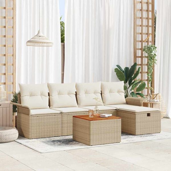 vidaXL Garten-Sofa-Set mit Kissen mit Speicher 6 pcs Beige Poly Rattan