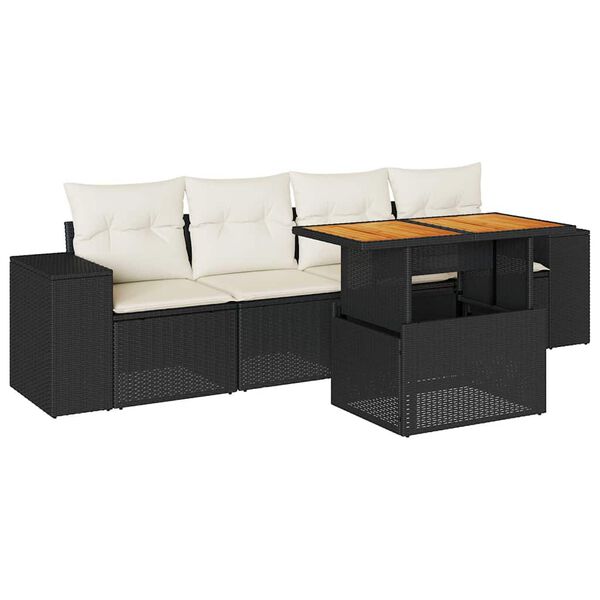 vidaXL 5-tlg. Garten-Sofagarnitur mit Kissen Schwarz Poly Rattan