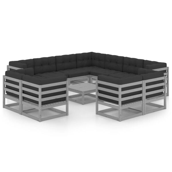 vidaXL 12-tlg. Garten-Lounge-Set mit Kissen Grau Massivholz Kiefer