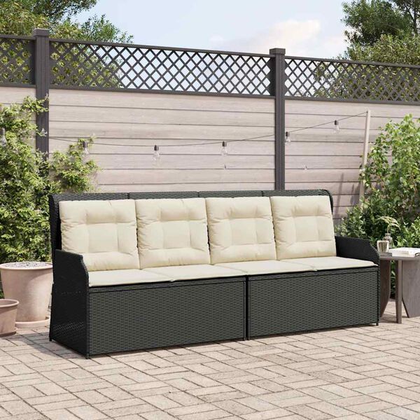 vidaXL Gartenbank Verstellbar mit Kissen Schwarz Poly Rattan