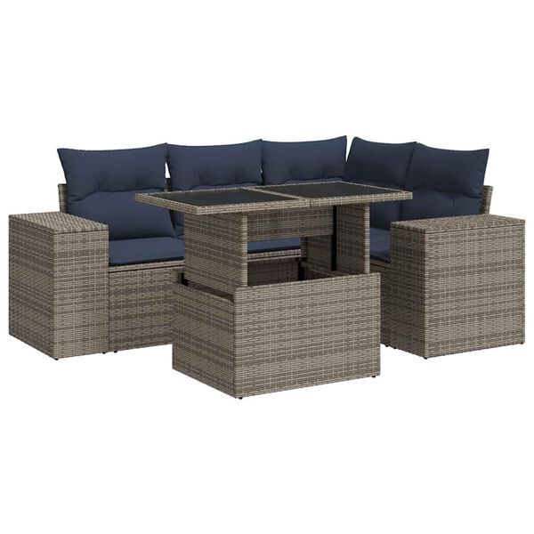 vidaXL 5-tlg. Garten-Sofagarnitur mit Kissen Grau Poly Rattan