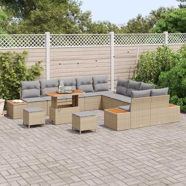 vidaXL Gartensofa-set mit Kissen mit Speicher 13 pcs Beige Poly Rattan
