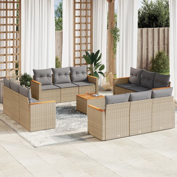 vidaXL 13-tlg. Garten-Sofagarnitur mit Kissen Beige Poly Rattan