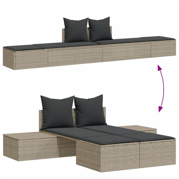 vidaXL Doppel-Sonnenliege mit Kissen Hellgrau Poly Rattan