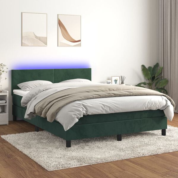 vidaXL Boxspringbett mit Matratze & LED Dunkelgr&uuml;n 140x190 cm Samt