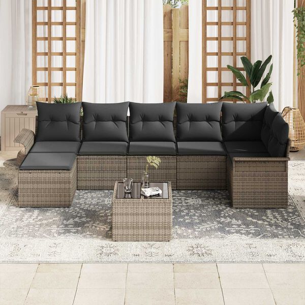 vidaXL Garten-Sofa-Set mit Kissen mit Speicher 8 pcs Grau Poly Rattan