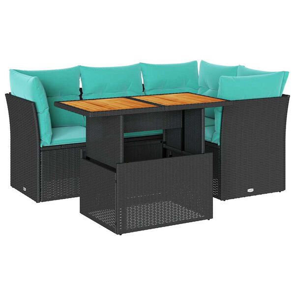 vidaXL 5-tlg. Garten-Sofagarnitur mit Kissen Schwarz Poly Rattan