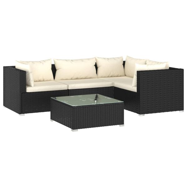 vidaXL 5-tlg. Garten-Lounge-Set mit Kissen Poly Rattan Schwarz