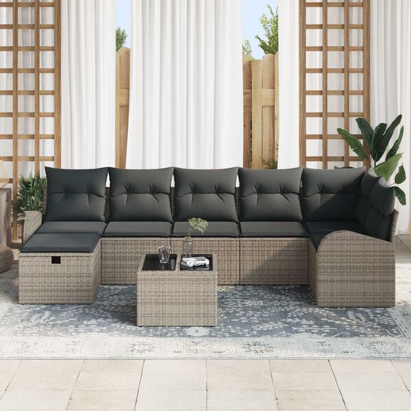 vidaXL Garten-Sofa-Set mit Kissen mit Speicher 8 pcs Grau Poly Rattan