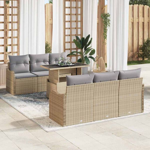 vidaXL Garten-Sofa-Set mit Kissen mit Speicher 7 pcs Beige Poly Rattan