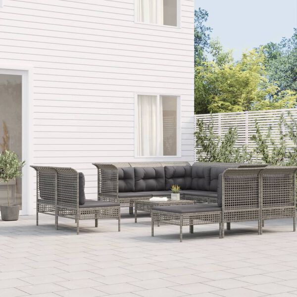 vidaXL 10-tlg. Garten-Lounge-Set mit Kissen Grau Poly Rattan