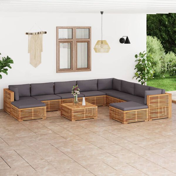 vidaXL 11-tlg. Garten-Lounge-Set mit Dunkelgrauen Kissen Teakholz