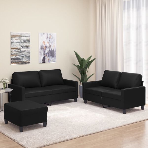 vidaXL 3-tlg. Sofagarnitur mit Kissen Schwarz Kunstleder