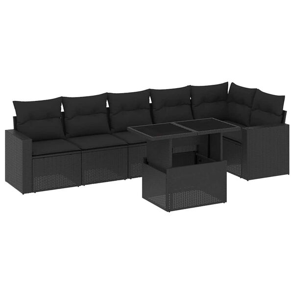 vidaXL 7-tlg. Garten-Sofagarnitur mit Kissen Schwarz Poly Rattan