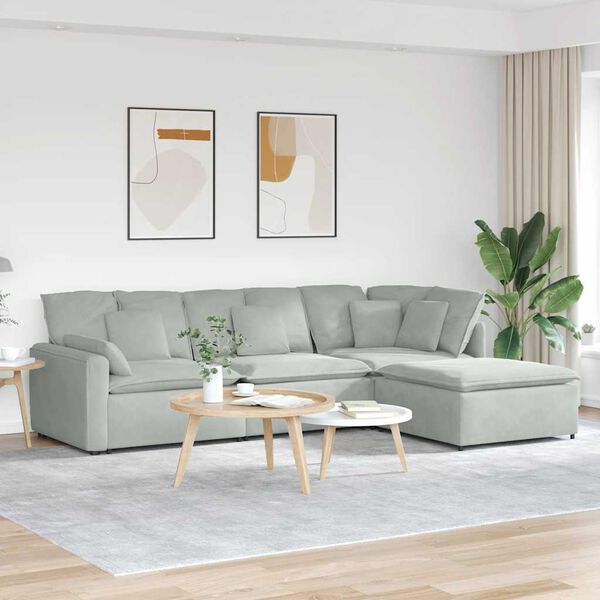 vidaXL Modulares Sofa mit Fu&szlig;hocker Kissen Samt Hellgrau