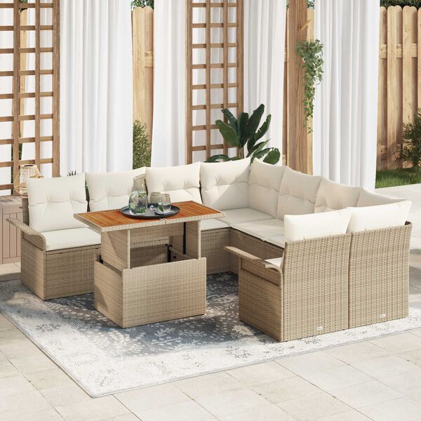 vidaXL Garten-Sofa-Set mit Speicher 9 pcs Beige Poly Rattan