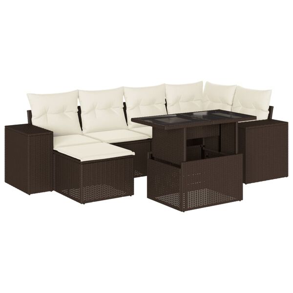 vidaXL 7-tlg. Garten-Sofagarnitur mit Kissen Braun Poly Rattan