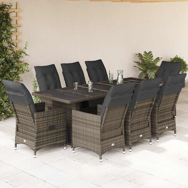 vidaXL 9-tlg. Garten-Bistro-Set mit Kissen Grau Poly Rattan