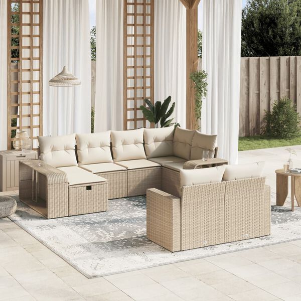 vidaXL 10-tlg. Garten-Sofagarnitur mit Kissen Beige Poly Rattan