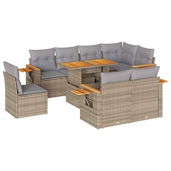 vidaXL 9-tlg. Garten-Sofagarnitur mit Kissen Beige Poly Rattan Akazie