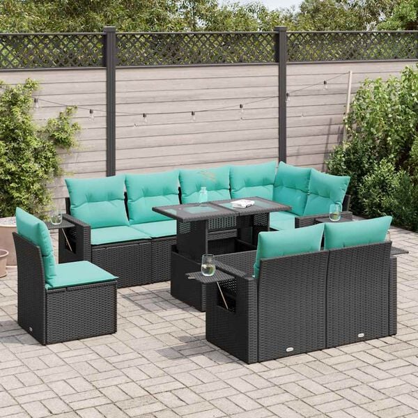 vidaXL 9-tlg. Garten-Sofagarnitur mit Kissen Schwarz Poly Rattan