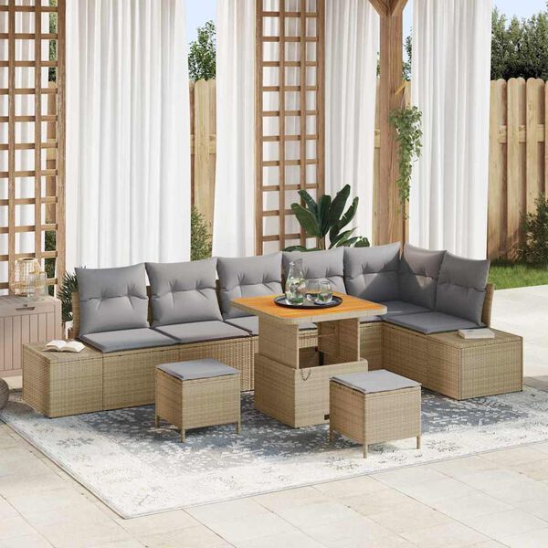 vidaXL Gartensofa-set mit Kissen mit Speicher 9 pcs Beige Poly Rattan