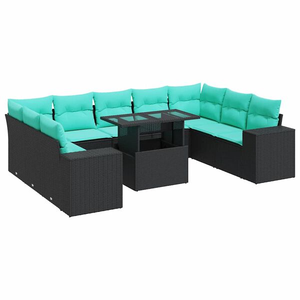 vidaXL 10-tlg. Garten-Sofagarnitur mit Kissen Schwarz Poly Rattan