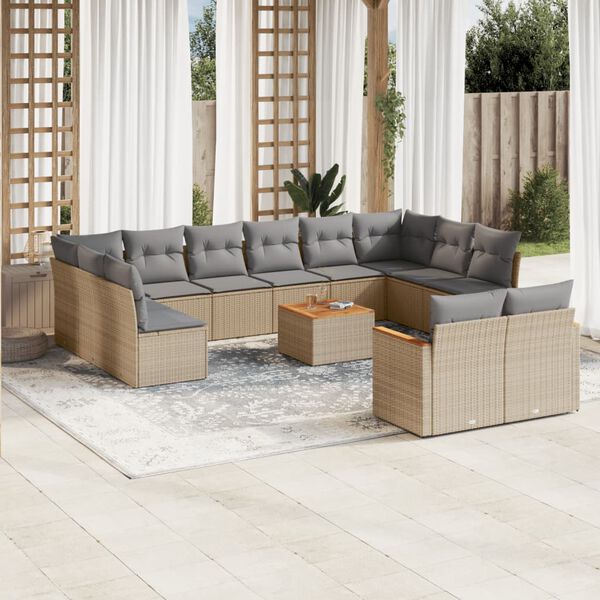 vidaXL 13-tlg. Garten-Sofagarnitur mit Kissen Beige Poly Rattan