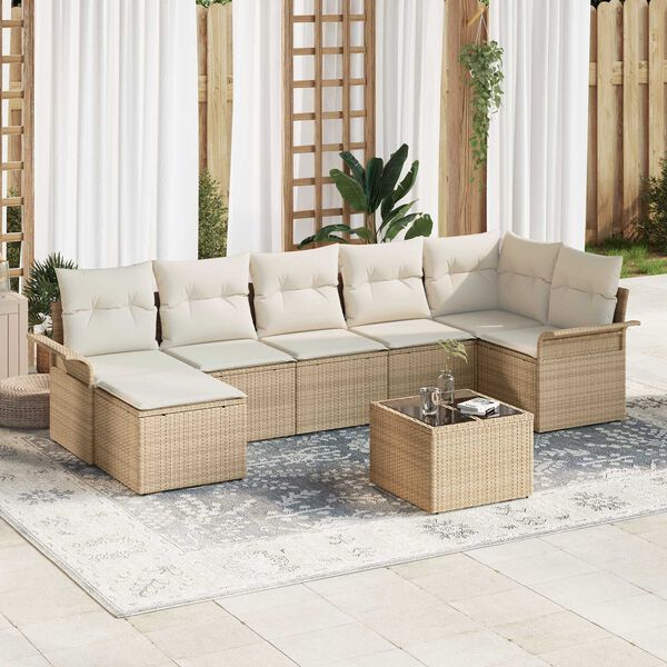 vidaXL Garten-Sofa-Set mit Kissen mit Speicher 8 pcs Beige Poly Rattan