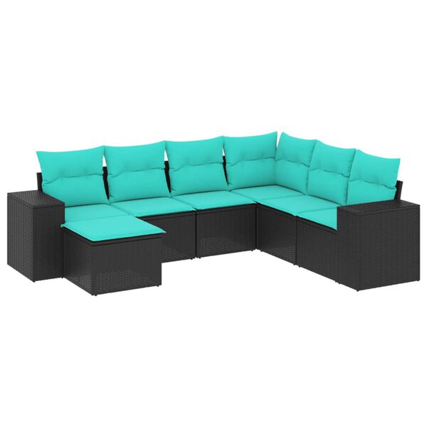 vidaXL 7-teiliges Gartensofa-Set mit Kissen, schwarzes Polyrattan