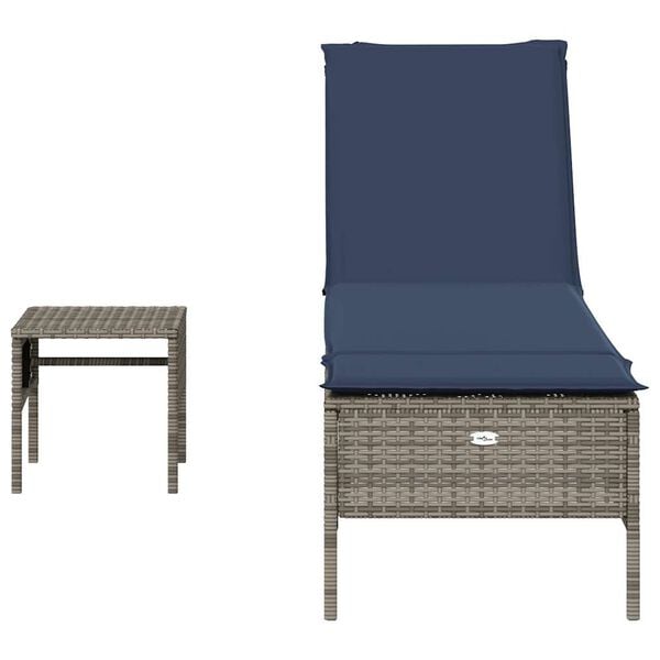 vidaXL Sonnenliege mit Tisch und Kissen Grau Poly Rattan