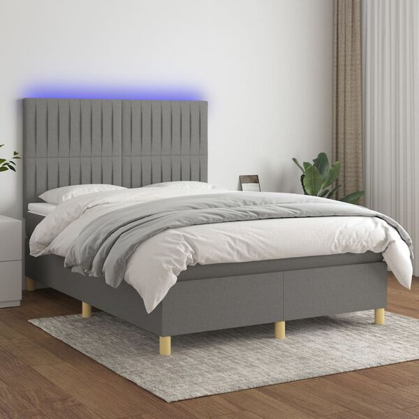 vidaXL Boxspringbett mit Matratze & LED Dunkelgrau 140x200 cm Stoff