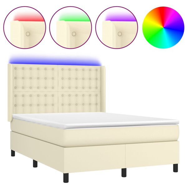 vidaXL Boxspringbett mit Matratze & LED Creme 140x200 cm Kunstleder