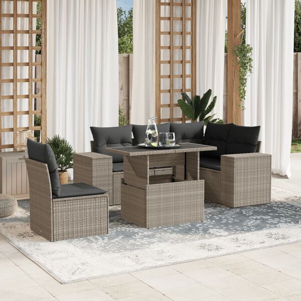 vidaXL 6-tlg. Garten-Sofagarnitur mit Kissen Hellgrau Poly Rattan