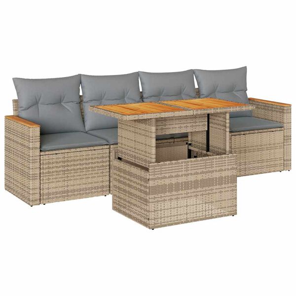 vidaXL 5-tlg. Garten-Sofagarnitur mit Kissen Beige Poly Rattan Akazie