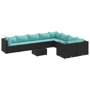 vidaXL 10-tlg. Garten-Sofagarnitur mit Kissen Schwarz Poly Rattan