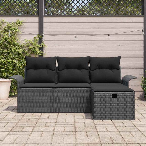 vidaXL Garten-Sofa-Set mit Kissen 4 pcs Schwarz Poly Rattan