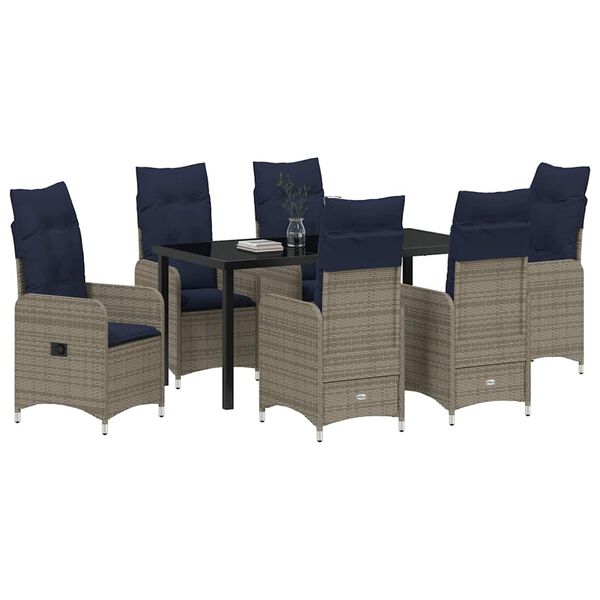 vidaXL Tisch- und Stuhlset mit Kissen 7 pcs Grau PE-Rattan