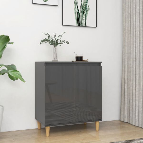 vidaXL Sideboard mit Massivholz-Beinen Hochglanz-Grau 60x35x70 cm