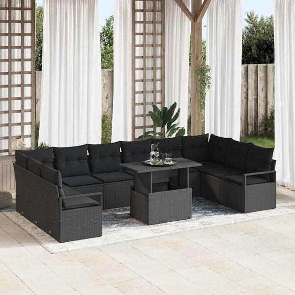 vidaXL Garten-Sofa-Set mit Kissen 11 pcs Schwarz Poly-Rattan