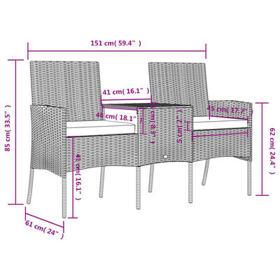 vidaXL 2-Sitzer-Gartensofa mit Teetisch Poly Rattan Anthrazit